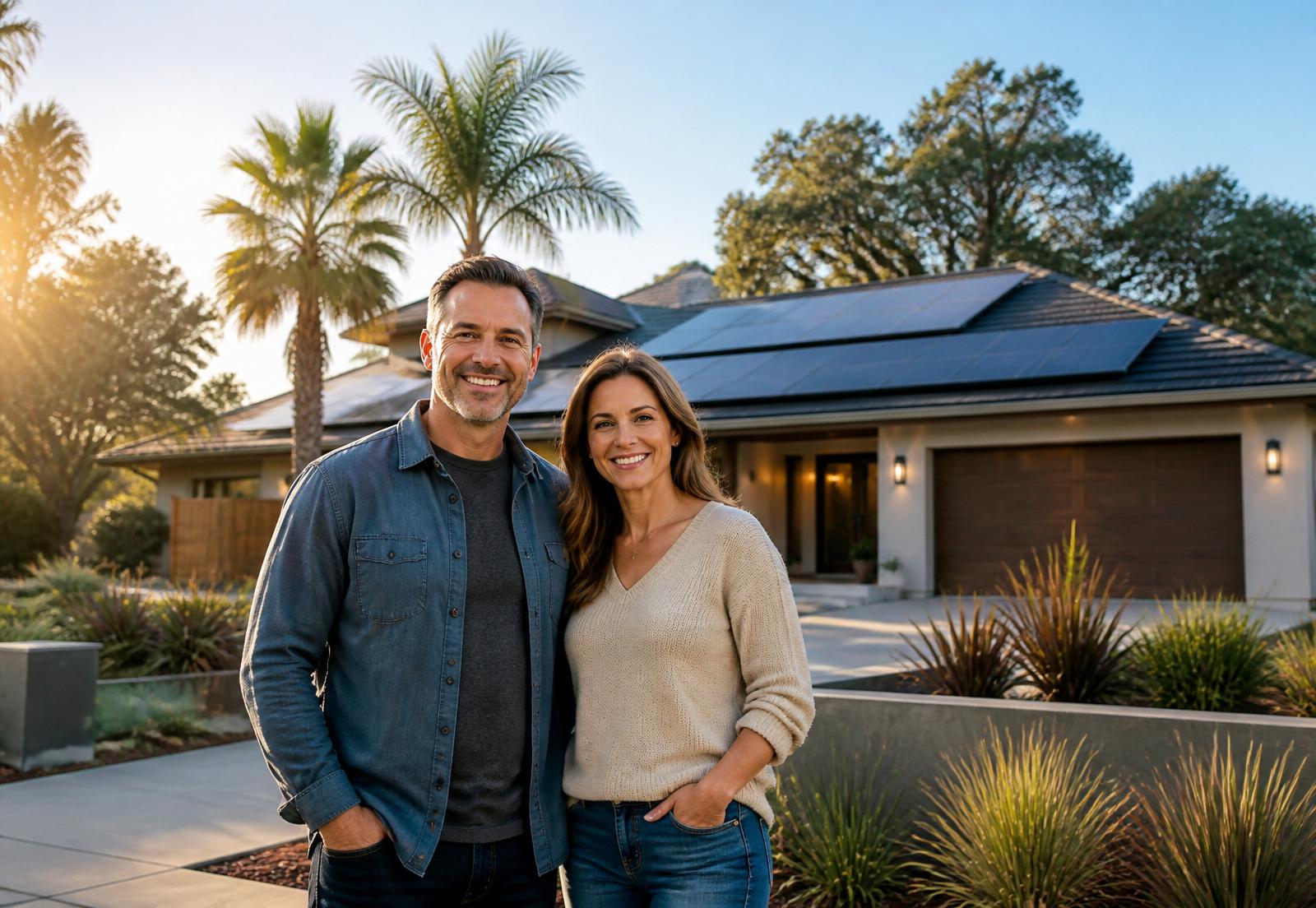 Happy Sacramento homeowners in front of their home with a professionally installed rooftop solar system